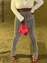 Thumbnail for BOOFEENAA Black and White Wave Striped Knitted Pant for Woman Y2k