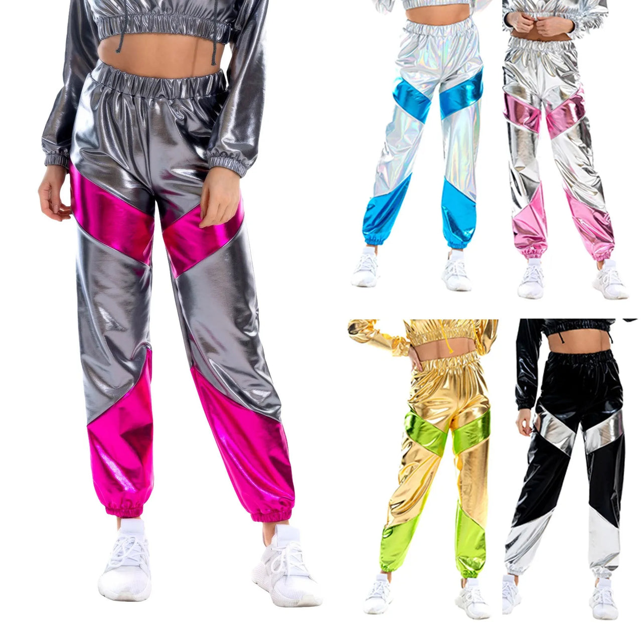 Women High Waist Metallic Shiny Jogger Streetwear Hip Hop Trousers