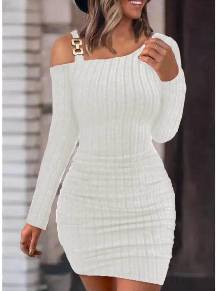 Sexy Chain Off Shoulder Mini Dress Women Autumn Fashion Bodycon Long