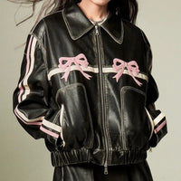 Thumbnail for Bow Y2k Motorcycle PU Leather Jacket For Women Fashion Zipper