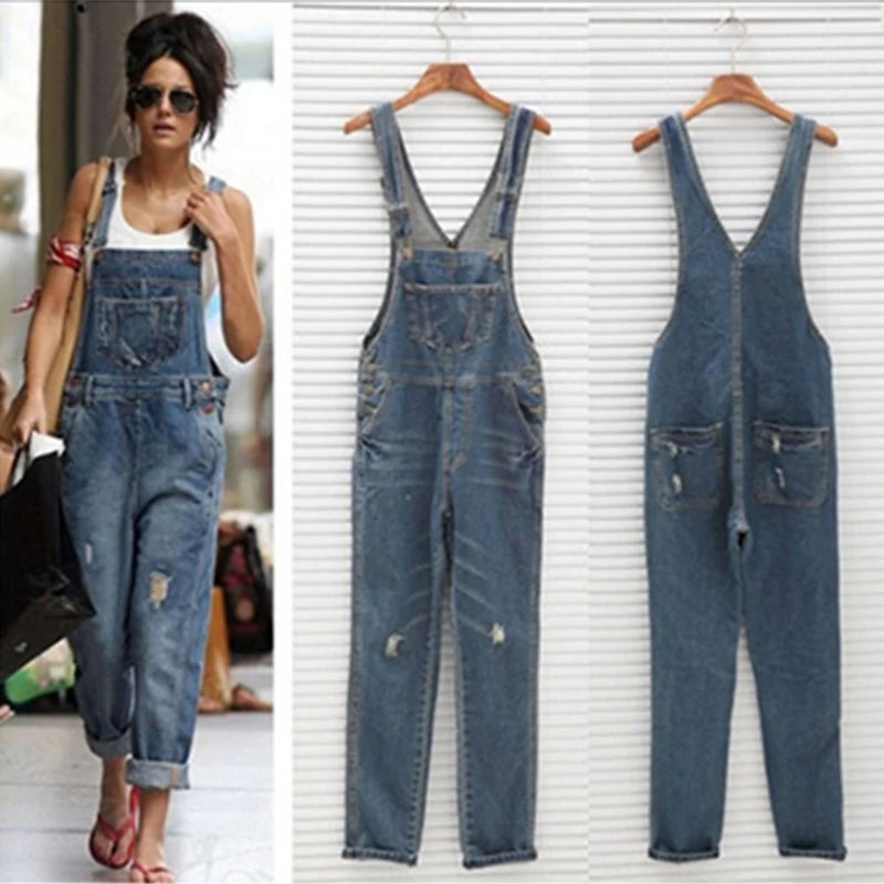 Loose Women Denim Rompers for Streetwear Design Pockets Decor Ripped