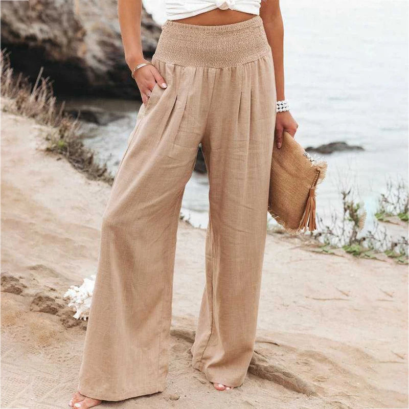 Women's Wide Leg Pants Summer Solid Loose Casual Vintage Cotton Linen