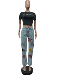 Thumbnail for Hight Waist Sequin Stars Denim Pants Hole Skinny Pencil Pants