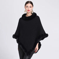 Thumbnail for Fashion Plaid Stripes Faux Fur Pullover Cape Coat Women Autumn Winter