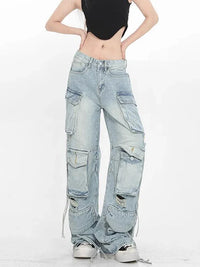 Thumbnail for Light Blue Cargo Pants Women High Waisted Jeans Full Length Ripped