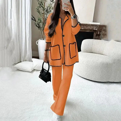 Women Elegant 2 Piece Set Contrast Color Patchwork Long Sleeve Jacket