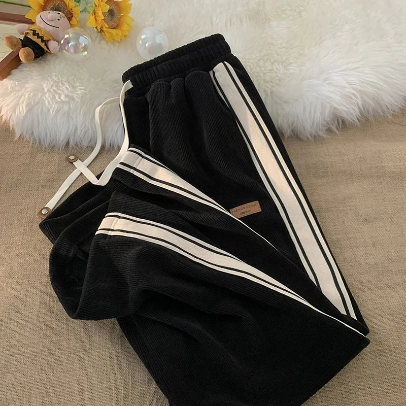 QWEEK Baggy Striped Corduroy Sweatpants Women Streetwear Sporty Casual