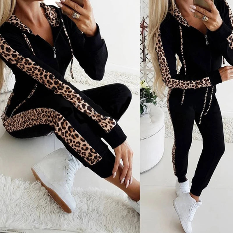 2Pcs Set Women Sport Tracksuit Zipper Hoodies Sweatshirt Pants Set