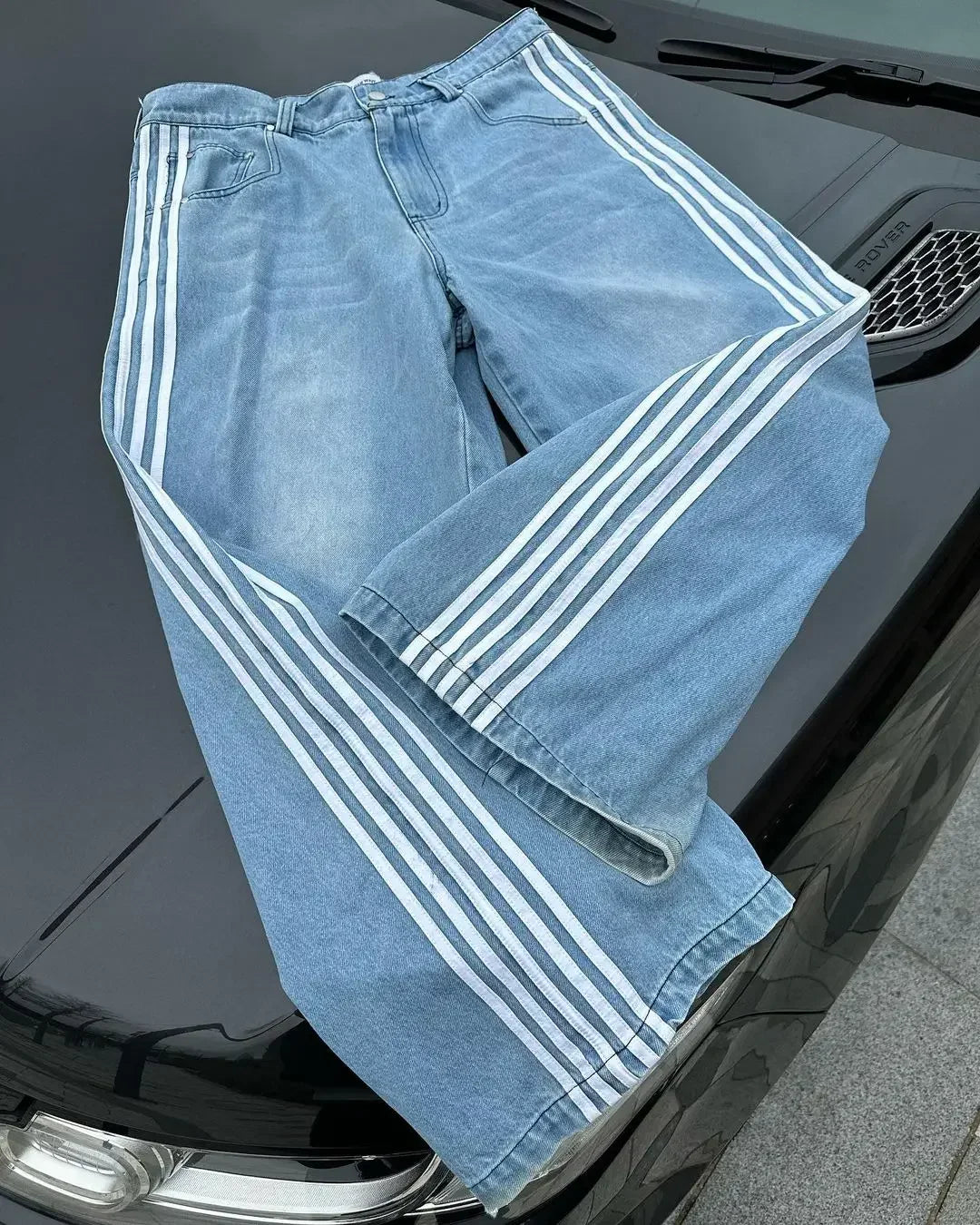 High Street Hip Hop Retro Blue Distressed Striped Denim Loose Pants