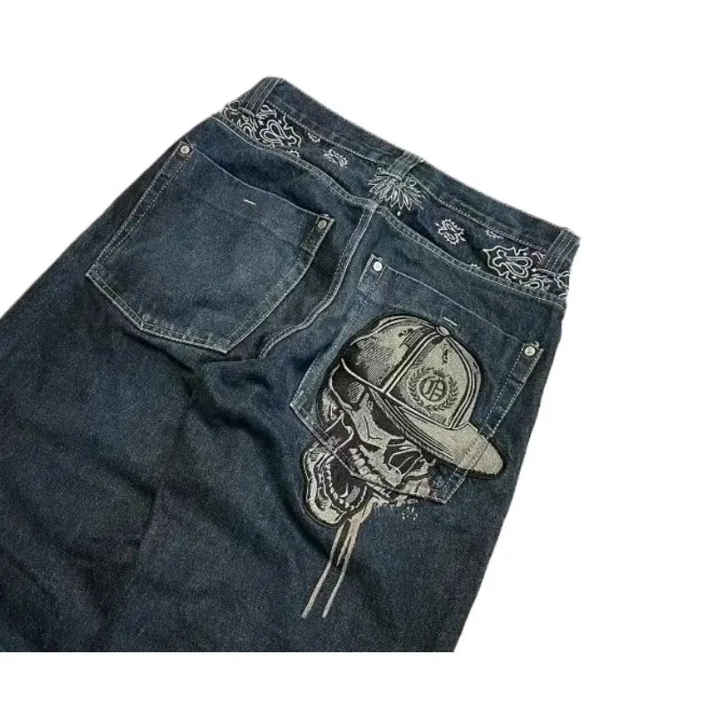 2024 High Street Embroidered New Skull Jeans Y2K Washed Gothic High