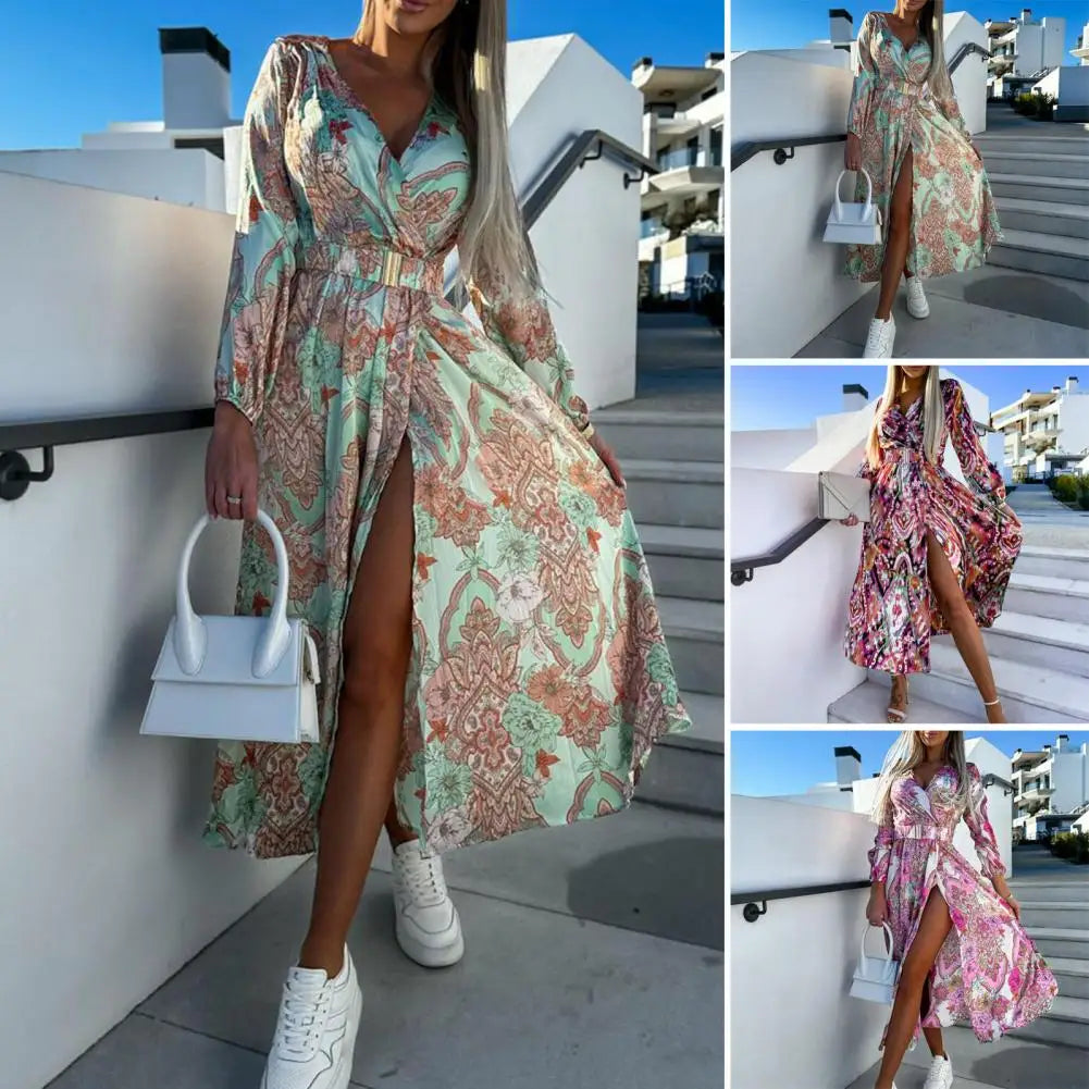 Sexy V Neck Slit Midi Dress Woman Spring Summer Fashion Elegant Long