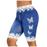 Thumbnail for Faux Jeans Shorts Womens Butterfly Print Five-Point Pants Large Size