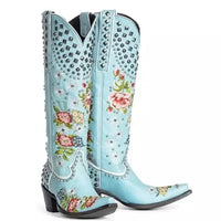 Thumbnail for 2023 New Flower Embroidered Rivet Western Cowboy Boots Women Pointed