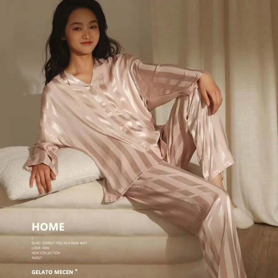 Women's striped pajama set, solid French silk satin pajamas, two piece