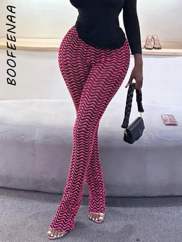 BOOFEENAA Black and White Wave Striped Knitted Pant for Woman Y2k