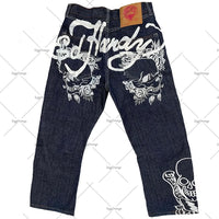 Thumbnail for Streetwear Jeans Y2K Hip Hop Graphic Print Retro Blue Baggy Jeans