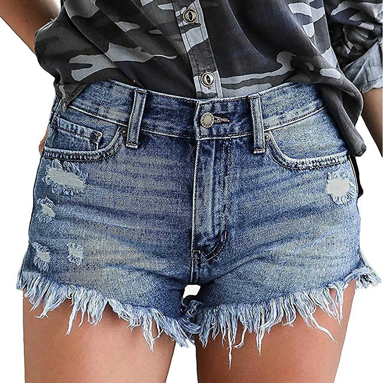 Women's High Waisted Denim Shorts Summer Pocket Ripped Hem Frayed