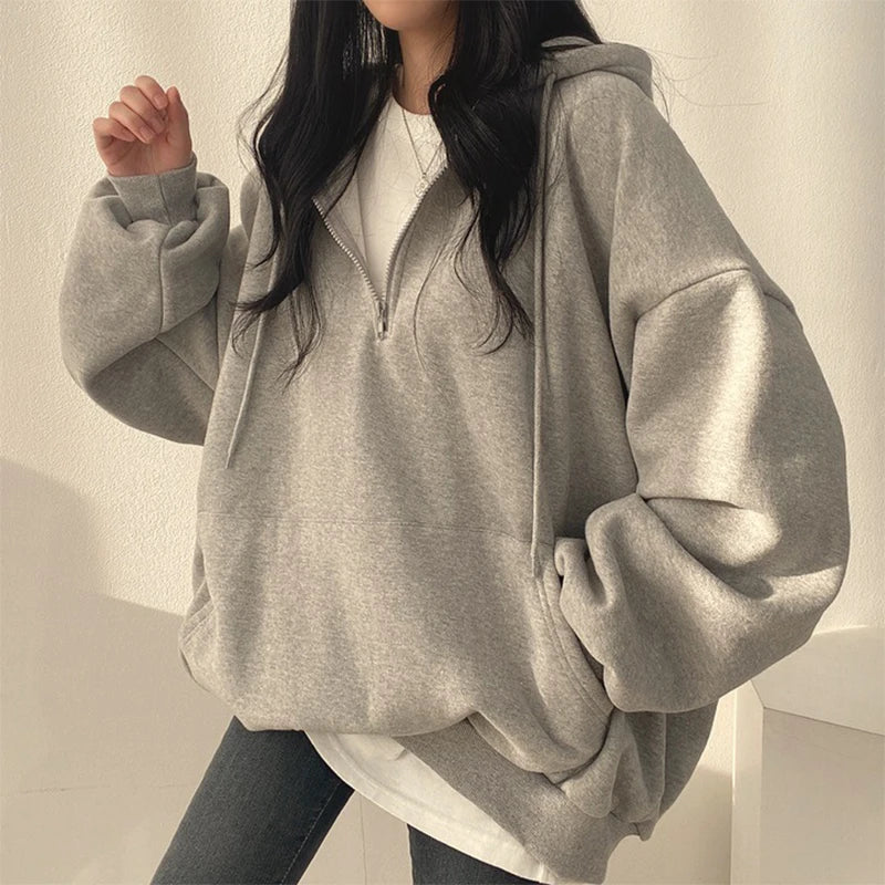 HOUZHOU Women Hoodie Streetwear Gray Harajuku Oversized Top Half Zip