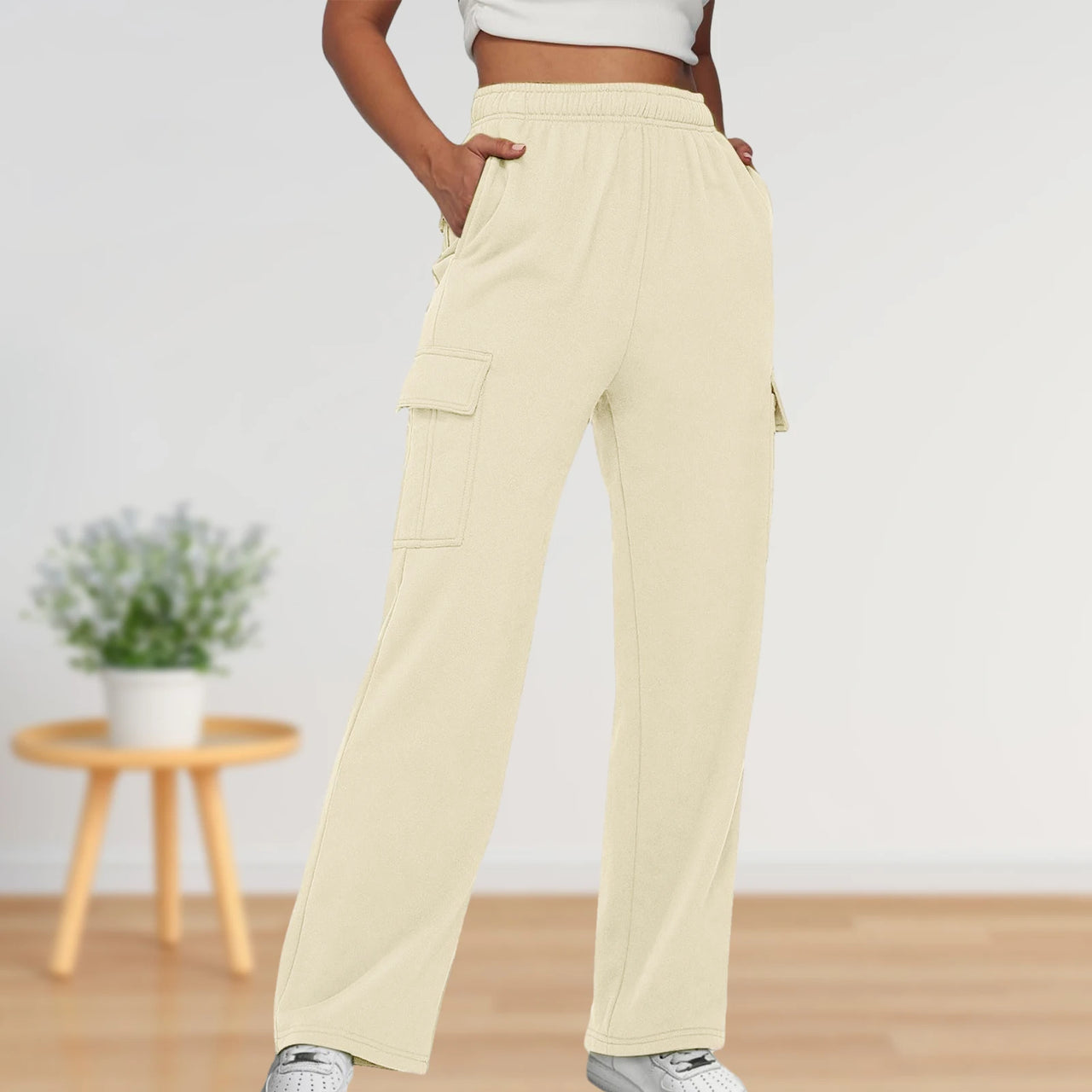 Elastic Waist Cargo Sweatpants Solid Color Women Straight Leg Pants