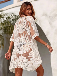 Thumbnail for Flower Lace Cover-ups Beachwear White Cardigan Beach Cover Ups for