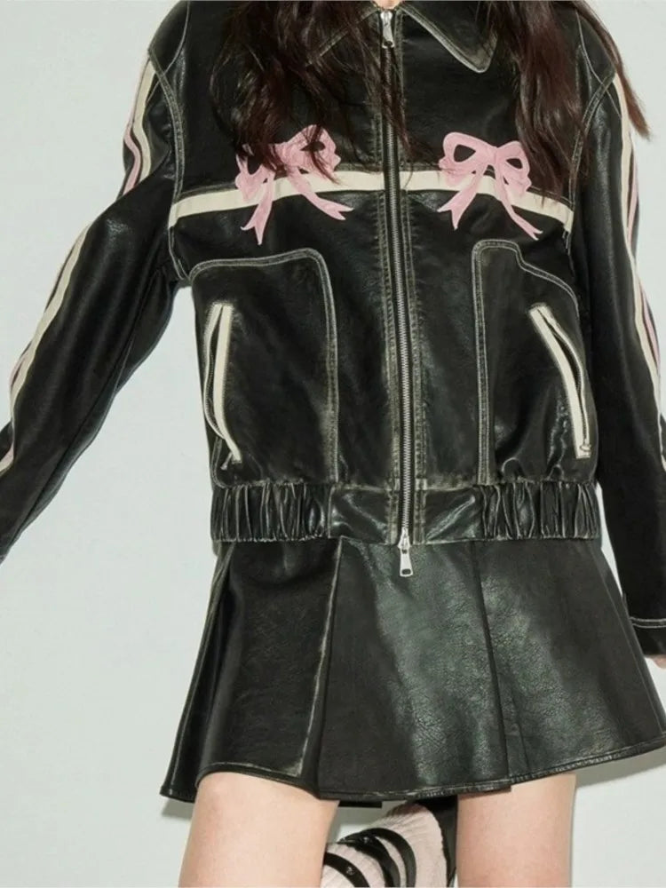 Bow Y2k Motorcycle PU Leather Jacket For Women Fashion Zipper