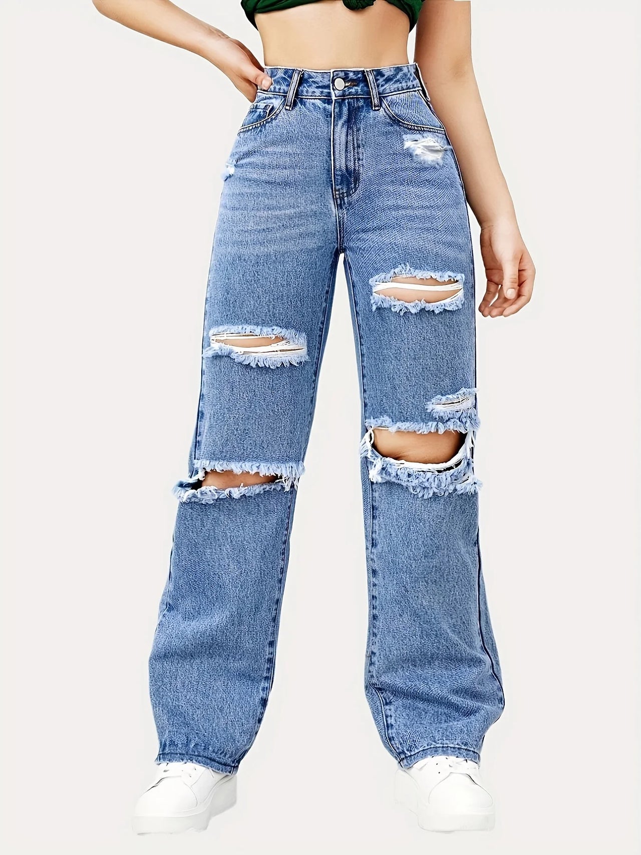 Blue Ripped Baggy Straight Jeans, Slash Pockets Distressed High Waist