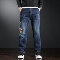 Thumbnail for Elastic Embroidered Jeans Men's Frayed Baggy Straight Denim Pants Plus