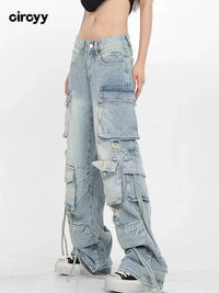 Thumbnail for Light Blue Cargo Pants Women High Waisted Jeans Full Length Ripped