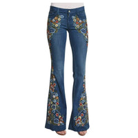 Thumbnail for Size S-4XL Elastic Flower Embroidered Flare Jeans Womens Retro Style