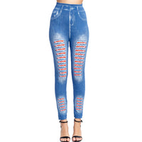 Thumbnail for Fashion Stripe Printed Imitation Denim Leggings Elastic Slim HipTight