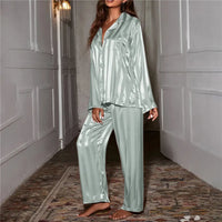 Thumbnail for Women's striped pajama set, solid French silk satin pajamas, two piece