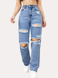 Thumbnail for Blue Ripped Baggy Straight Jeans, Slash Pockets Distressed High Waist