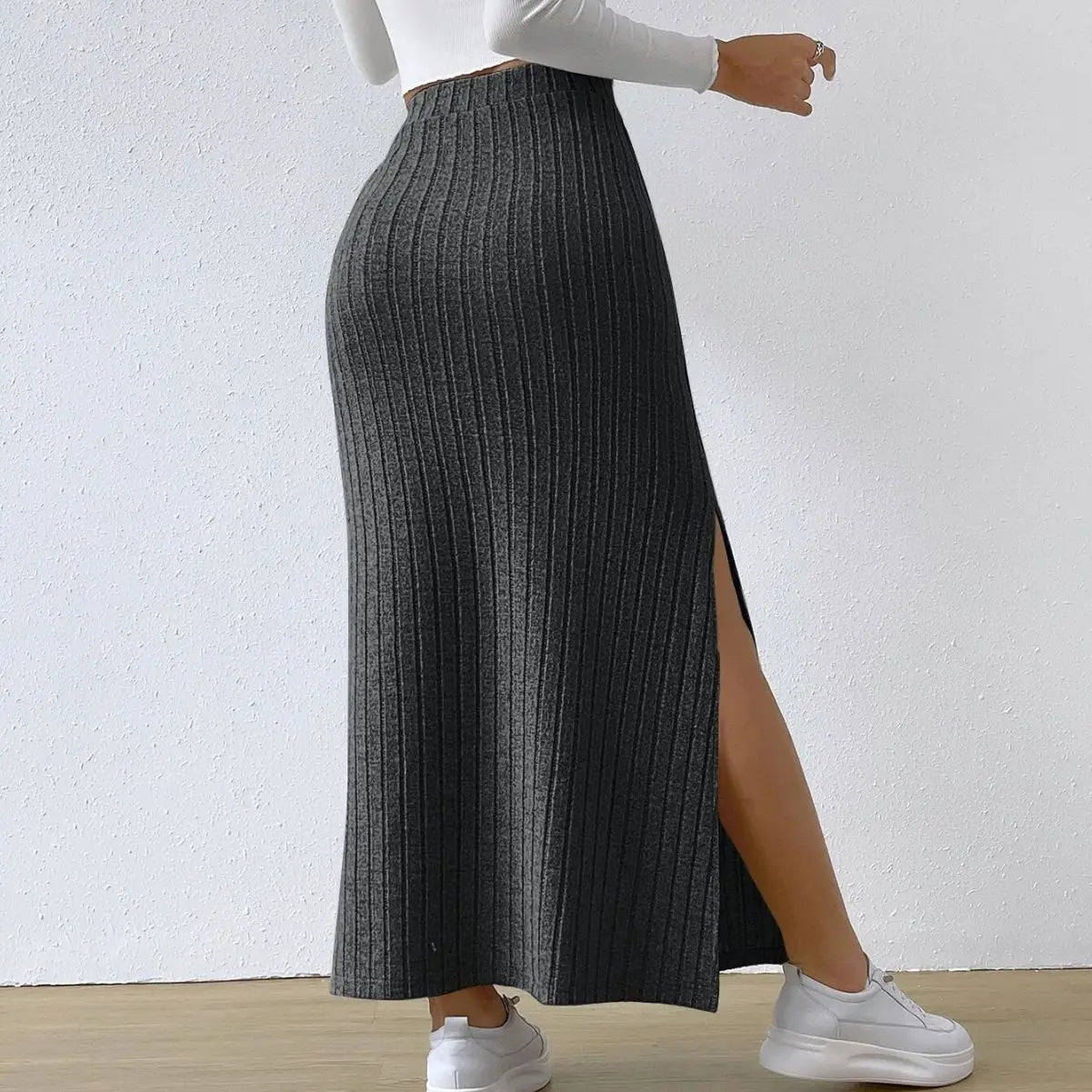 Spring Autumn Casual Women High Waist Skirt Sexy Knitted Side Slit