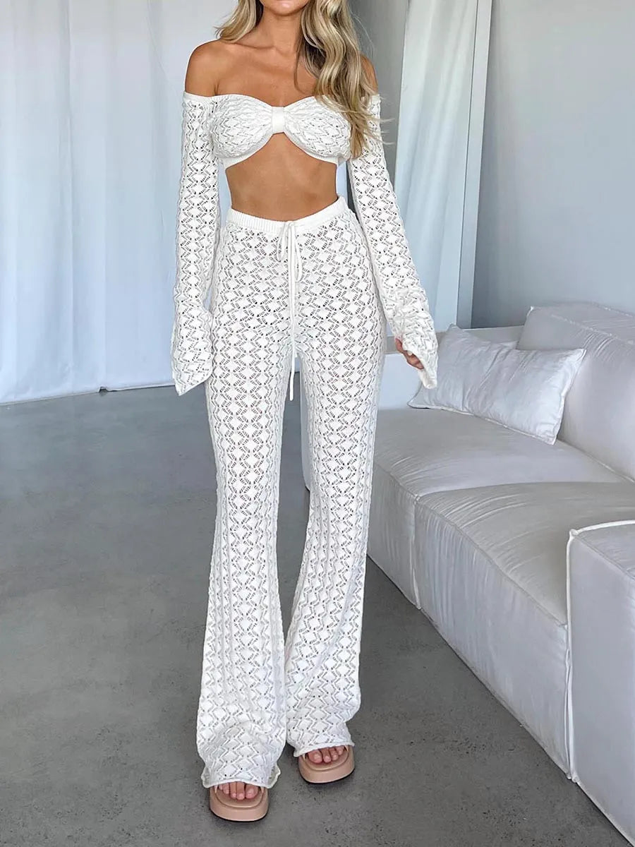 Wsevypo Hollow Out Crochet Knit Pants Sets Women Casual Two-Piece