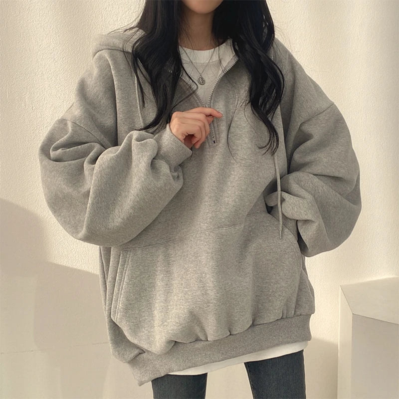 HOUZHOU Women Hoodie Streetwear Gray Harajuku Oversized Top Half Zip