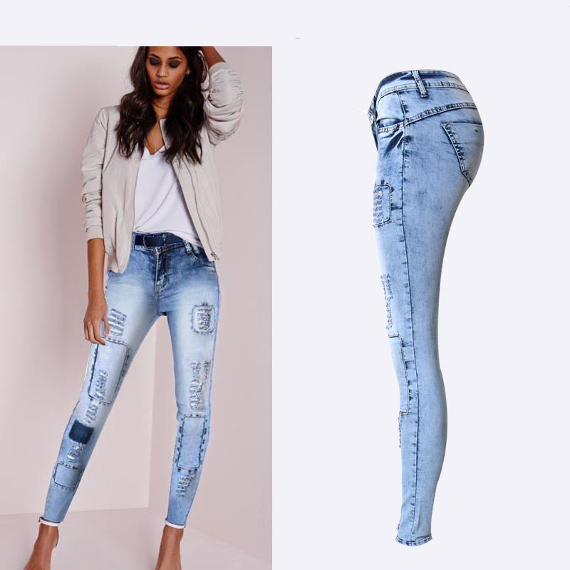 Summer Style Low Waist Sky Blue Patchwork Skinny Tights Women Pencil