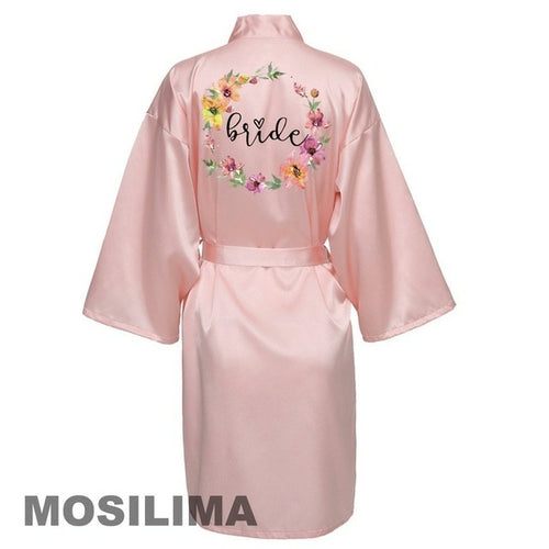 Wedding Party Team Bride Robe With Black Letters Kimono Satin Pajamas