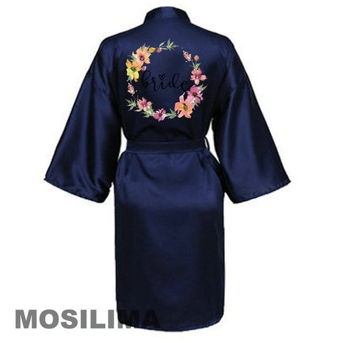 Wedding Party Team Bride Robe With Black Letters Kimono Satin Pajamas