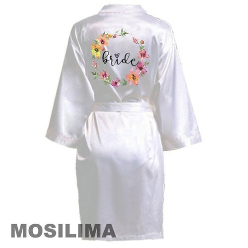 Wedding Party Team Bride Robe With Black Letters Kimono Satin Pajamas