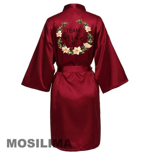 Wedding Party Team Bride Robe With Black Letters Kimono Satin Pajamas