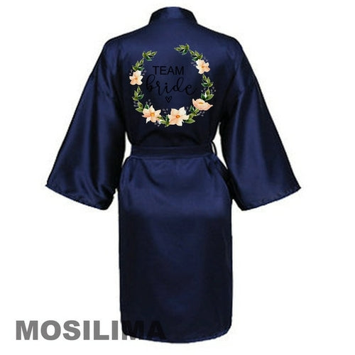 Wedding Party Team Bride Robe With Black Letters Kimono Satin Pajamas