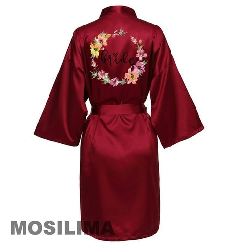 Wedding Party Team Bride Robe With Black Letters Kimono Satin Pajamas