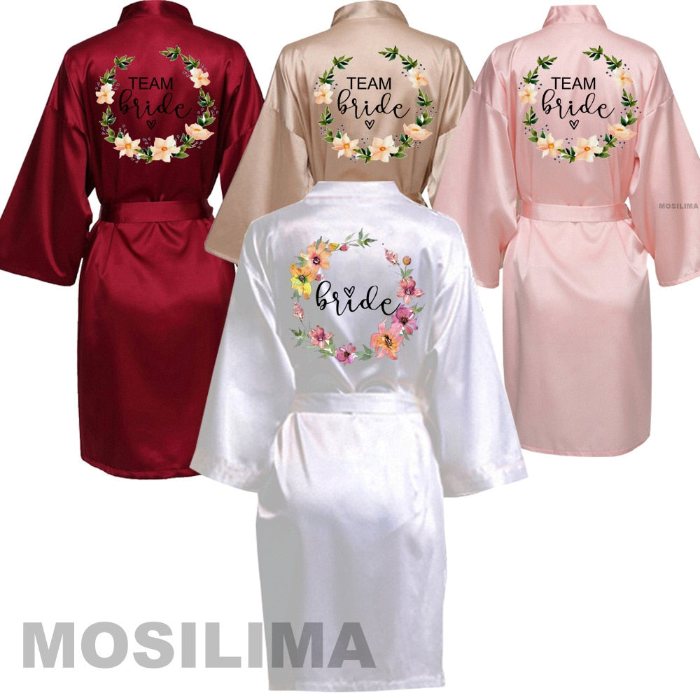 Wedding Party Team Bride Robe With Black Letters Kimono Satin Pajamas