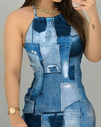 Thumbnail for Women's Dresses 2023 Summer Fashion Denim Look Print Casual Halter