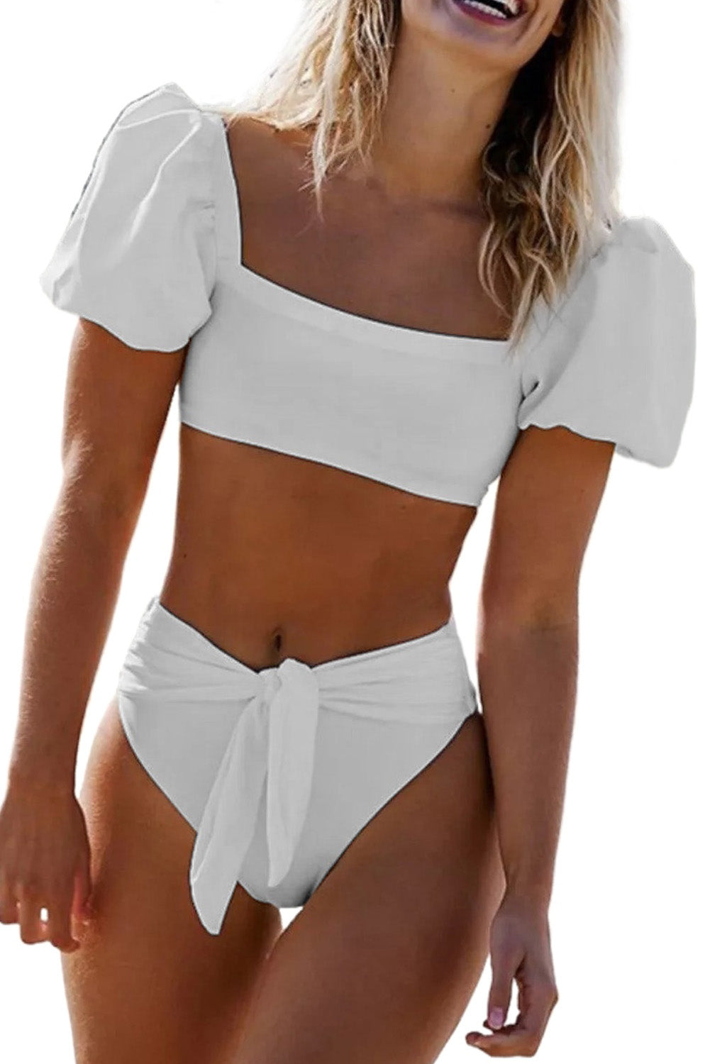 White Sexy Bubble Sleeves High Waist Bikini