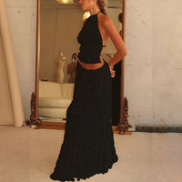 Thumbnail for 2pcs Women's Dress Suit Sexy Sleeveless Backless Cropped Halter Top And Pleated Long Dress