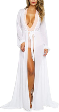 Thumbnail for Women'S Sexy Thin Mesh Long Sleeve Tie Front Swimsuit Swim Beach Maxi Cover up Dress