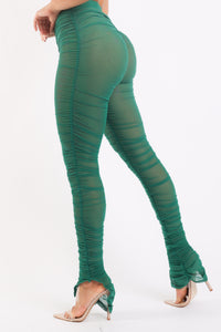 Thumbnail for Casual Ruched Mesh Elastic Waist Sexy Leggings Slit Hem KELLY GREEN