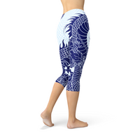 Thumbnail for Womens Japanese Dragon Capri LeggingsYou'll be a beast in the gym wearing our fierce Japanese Dragon Capri Leggings. With a cool dragon tattoo style silhouette and pastel light blue dragon scale backgroLeggingsEXPRESS WOMEN'S FASHIONMaroon SootyWomens Japanese Dragon Capri Leggings