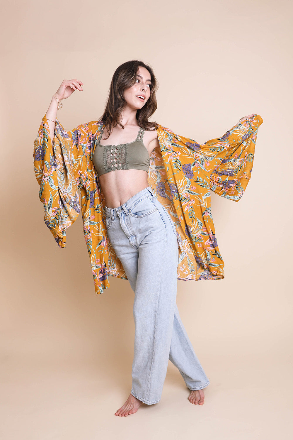 Tropical Leaves Draped Sleeve Kimono